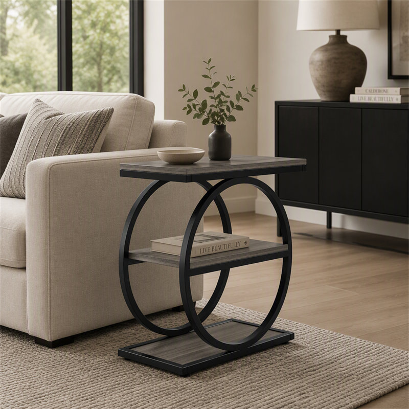 Table de bout à 3 niveaux, table d'appoint industrielle avec structure ronde en métal, Gris / Noir, Gris, Noir
