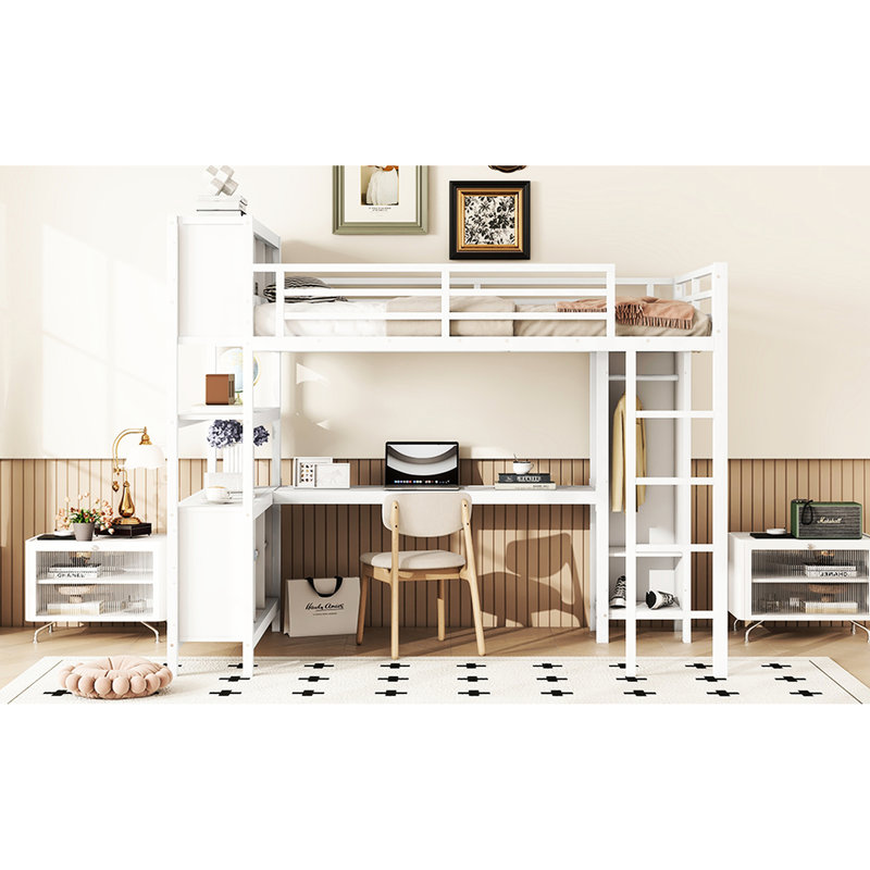 Lit mezzanine en métal avec garde-robe tendance, bureau pratique et tablettes de rangement, rangement blanc,, Blanc cassé