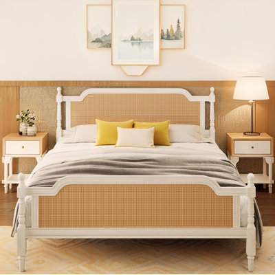 Chikezie Solid Wood Platform Bed Frame with Headboard, Bohemian Style Wicker Bed Frame with Headboard