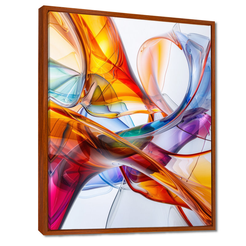 Décoration murale fractale orange et vert en verre II, Cadre flottant brun, bois massif, H 30 po x l 40 po