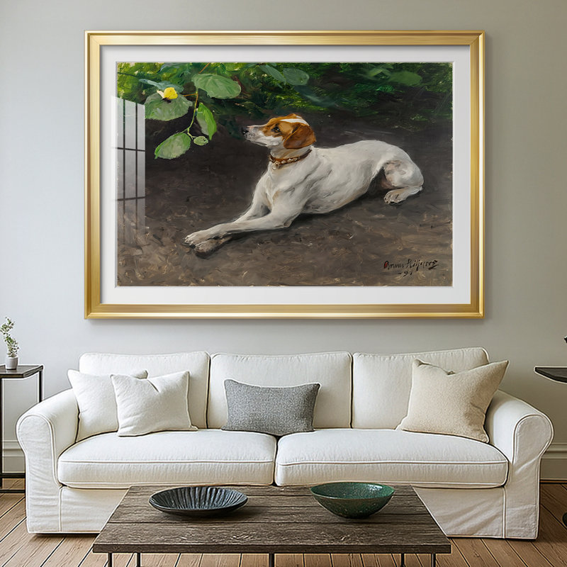 Fox-terrier avec un papillon - Bruno Liljefors - reproduction encadrée avec passe-partout et verre - 1891, 26,5 x 36,5, Doré