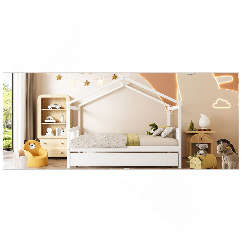 Lit double en bois avec lit gigogne simple, blanc, Full, White