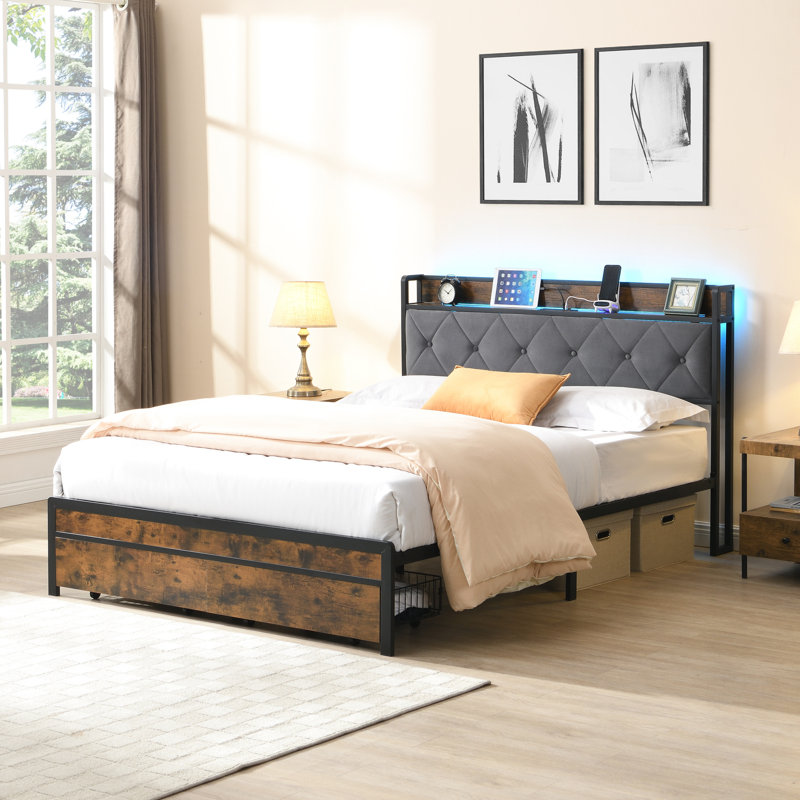 Structure de lit double avec éclairage DEL, 2 tiroirs, station de charge, chambre à coucher moderne, tête de lit tapissier en fer, charge, sans sommier, grande capacité de charge