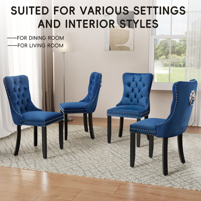 Modern Velvet  Wingback Tufted Solid Wood Upholstered Dining Chairs (Set of 2), Navy