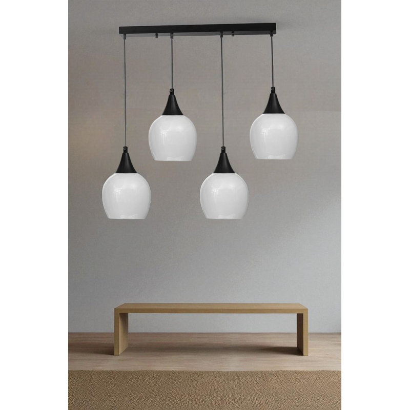 Lustre réglable élégant, corps en métal et capuchon en verre, 4 douilles E27, 24,0 x 2,4 x 1,2 pouces | Hauteur: 31,5 pouces | Design moderne blanc et noir, pour la salle à manger et l'espace de vie, ampoule non incluse