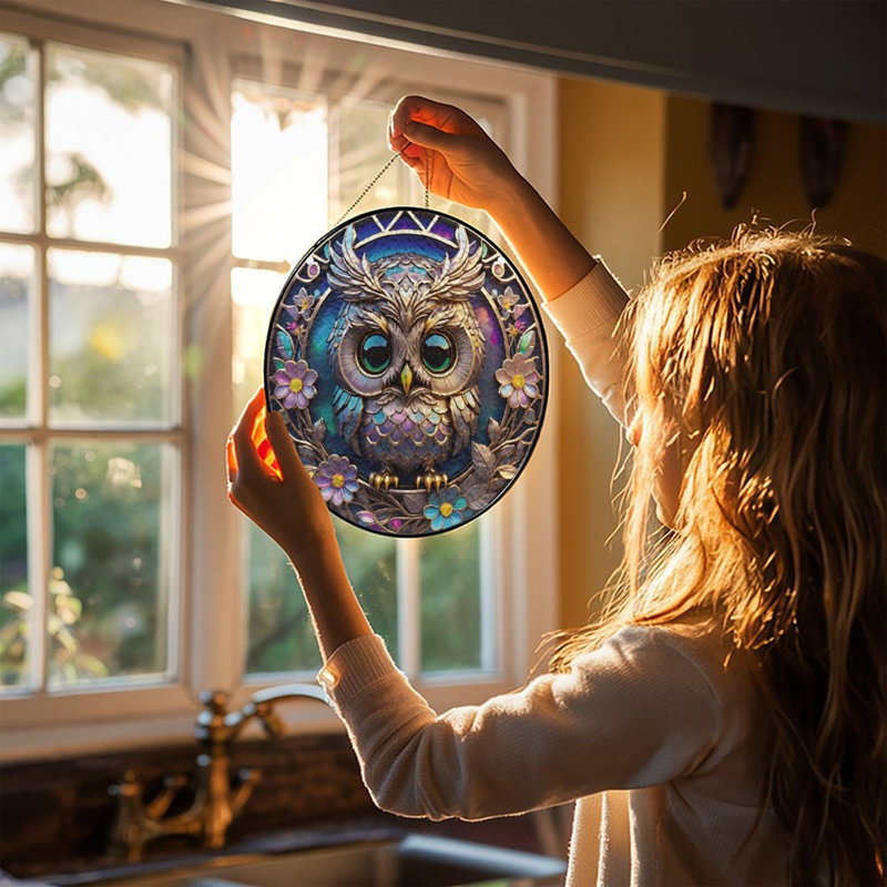 Chouette fleurs cercle vitrail Suncatcher pour décoration de fenêtre, 7,8 x 7,8 po (20 x 20 cm)