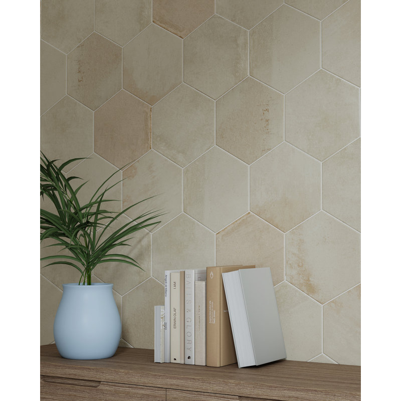 Arcadian 9in.x10in. Hexagon Porcelain Stone Look Tile, Desert Sands Matte