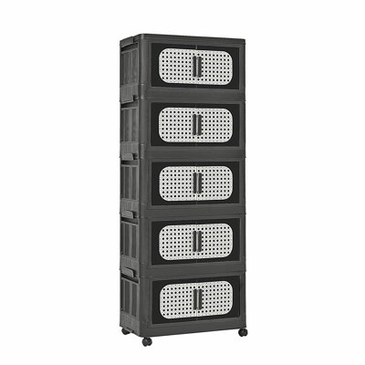 Retro Black, armoire de rangement pliante latérale de 20 po de large, 5 niveaux, 19,69 po x 11,81 po x 50,00 po, bacs de rangement pliables avec porte magnétique, armoire de rangement en plastique avec roues