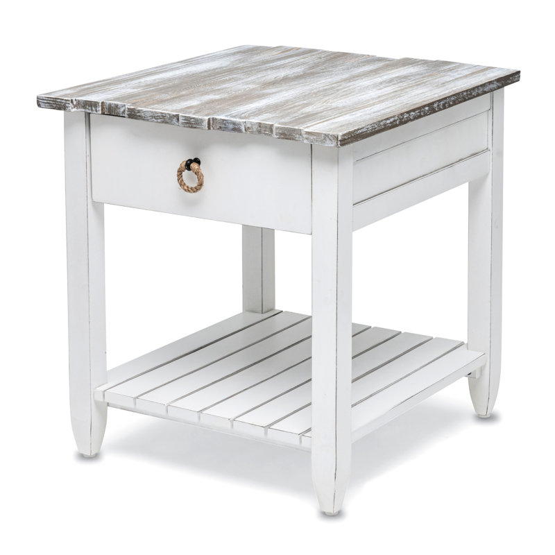 Decastro Coastal Solid Wood White Washed End Table with Storage, Gray/Black