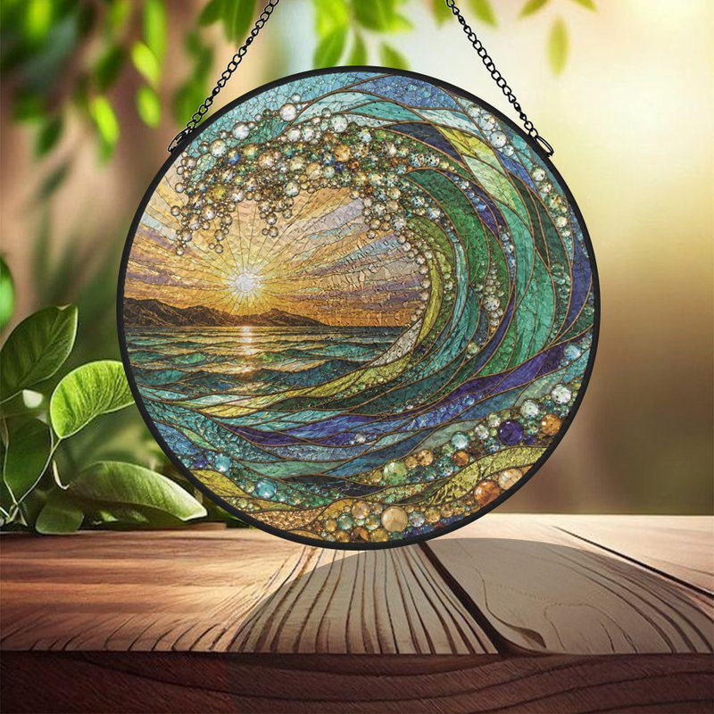 Panneaux de vitrail mosaïque vagues océaniques, attrape-soleil pour décoration de fenêtre, 7.8x7.8in(20x20cm)