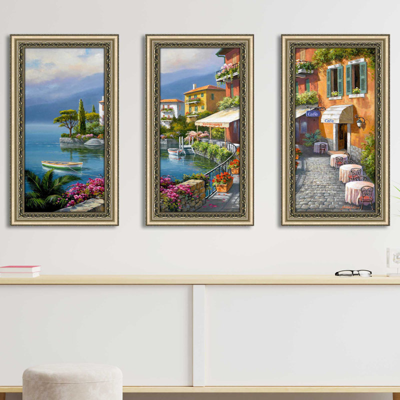 «Seaside Bistro Cafe» par Sung Kim - cadre photo 3 pièces, impression, H 35,5 po x l 58,5 po x P 0,75 po