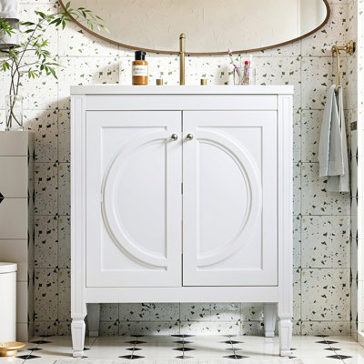 Meuble-lavabo blanc de 30 po sans assemblage requis avec lavabo en céramique, deux portes à fermeture en douceur et tablette réglable, style campagne moderne