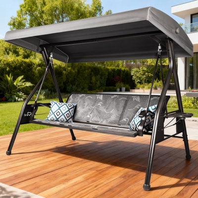 Balancelle d'extérieur pour 3 personnes pour balançoire pour adultes avec auvent réglable et porte-gobelets en porche en tissu Textilene avec support 800 lb