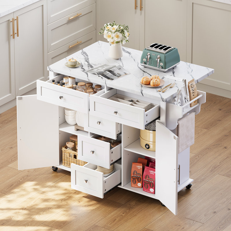 Rolling Wood Kitchen Island With Faux Marble, Storage Cart With Drop Leaf & Power Outlet For Kitchen, Dining Room, White