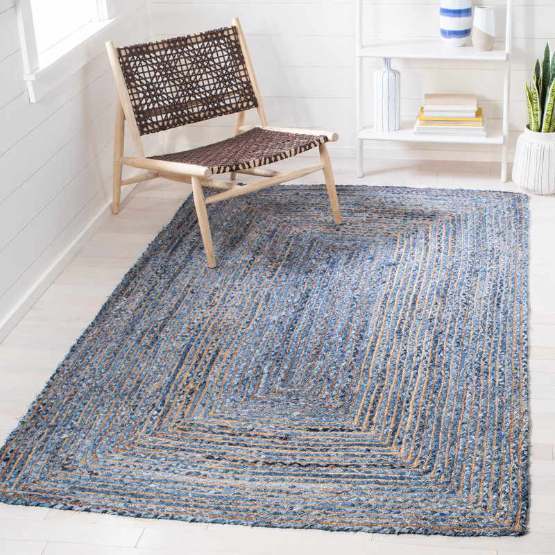 Tapis bleu / naturel tissé à plat à la main Demar, Rectangle 9 pi x 12 pi