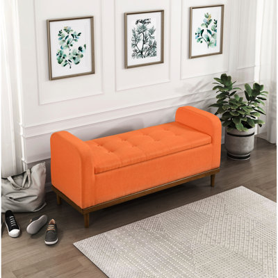 Banc Mid-Century moderne en bois massif avec finition noyer avec rangement sur le dessus pour chambre à coucher en tissu