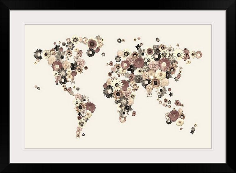 Francy «Flower World Map Sepia», impression sur toile, H 24 po x l 32 po x P 1 po, Cadre noir