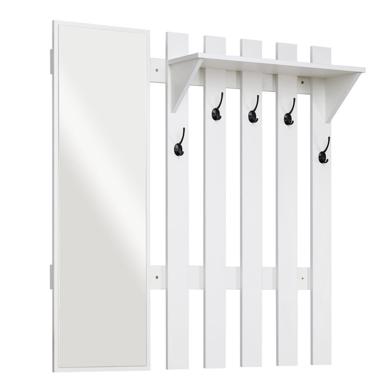 Modern style coat rack with 5 hooks and mirror, White