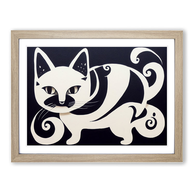 Unique Cat Art Abstract - Framed Print, 25cm H x 34cm W x 2cm D, Oak