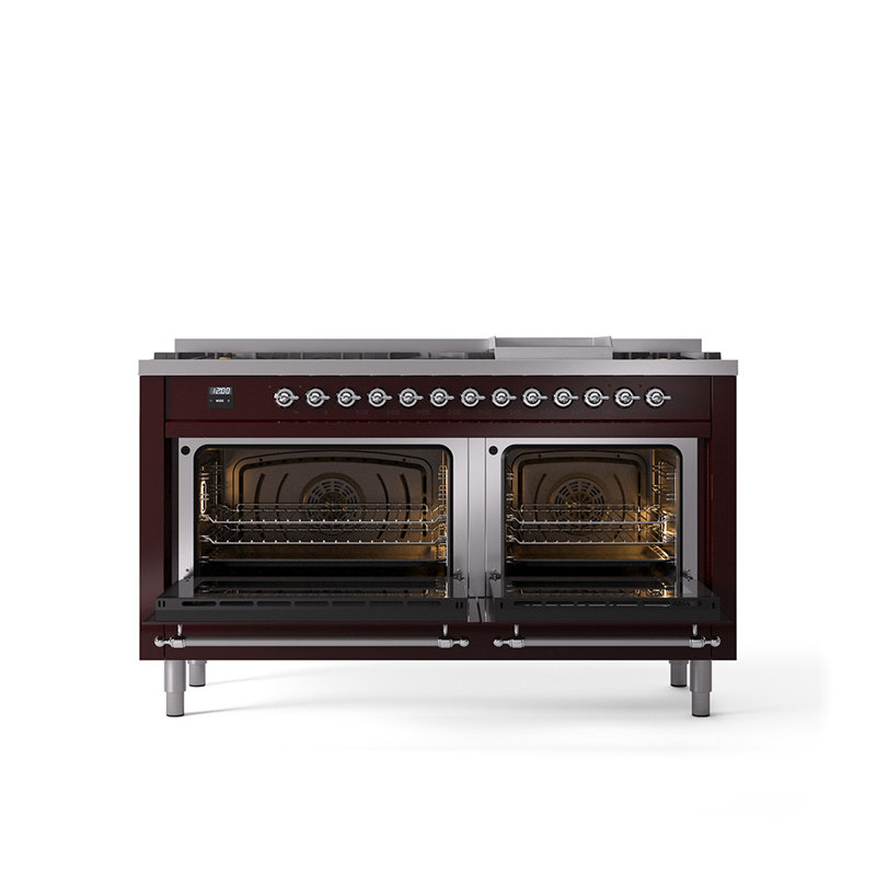 ILVE Nostalgie II 60 Dual Fuel Range, 9 Burners, Griddle, Natural Gas, Burgundy/Chrome