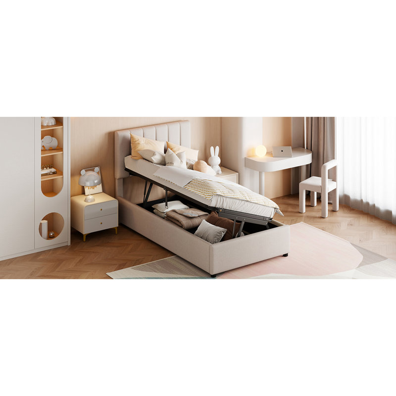 Beige Linen Twin Hydraulic Lift Bed With Hidden Storage