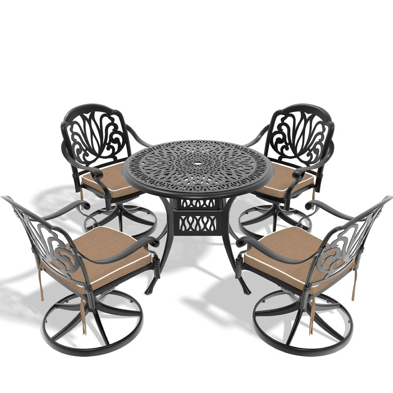 Ensemble de salle à manger 5 pièces en aluminium coulé résistant aux intempéries, comprenant 4 chaises pivotantes et une table ronde de 35,43 po avec structure noire