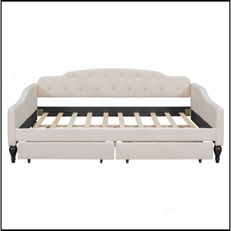 Full Size Upholstered Tufted Daybed With Two Drawers, Beige