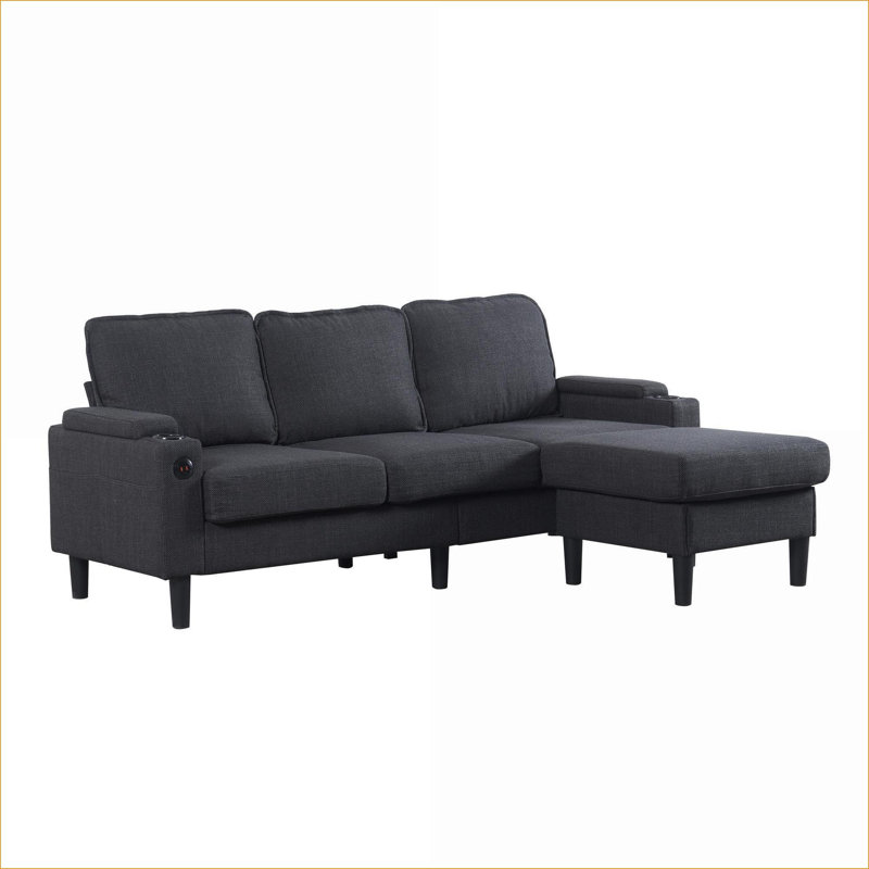 Sectional Sofas, Modern L-Shaped 3-Seat with Storage Ottoman &amp; USB Ports, for Apartment Living Room Compact Spaces | DARK GREY | Wood+Fabric