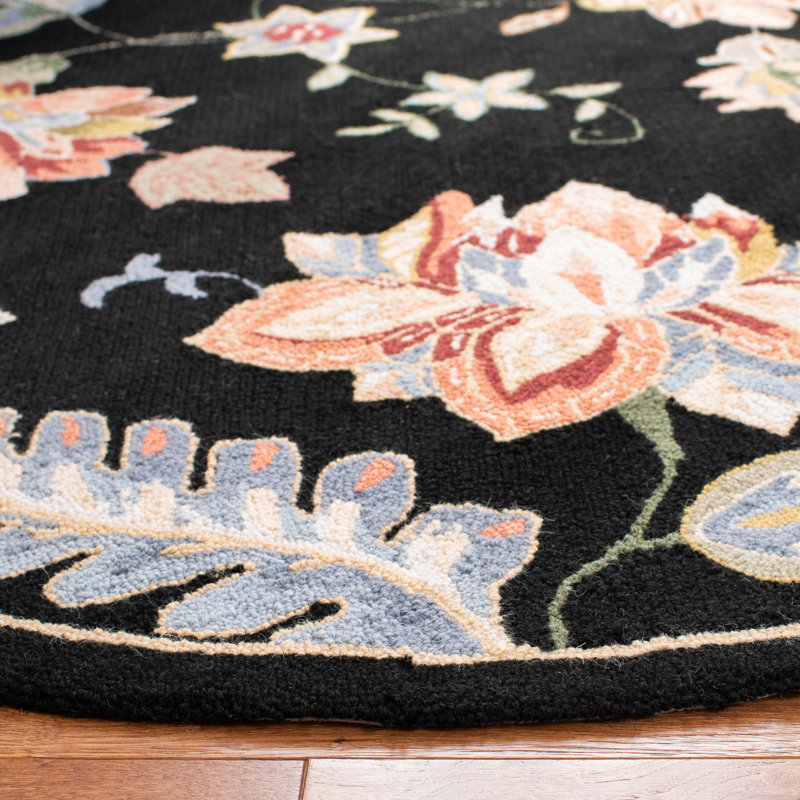Handmade Chelsea Floral Black Wool Round Rug - 3' Diameter