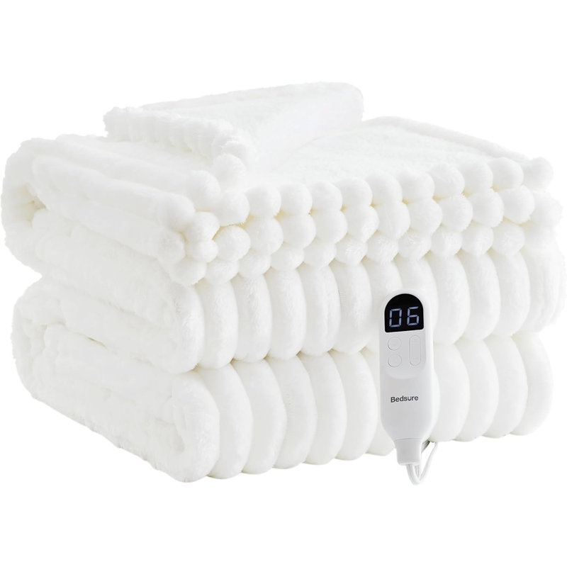 Couverture chauffante électrique - Couverture électrique en flanelle à rayures épaisses, chauffage avec 4 réglages de temps, 6 réglages de chaleur et arrêt automatique avec minuterie de 3 heures