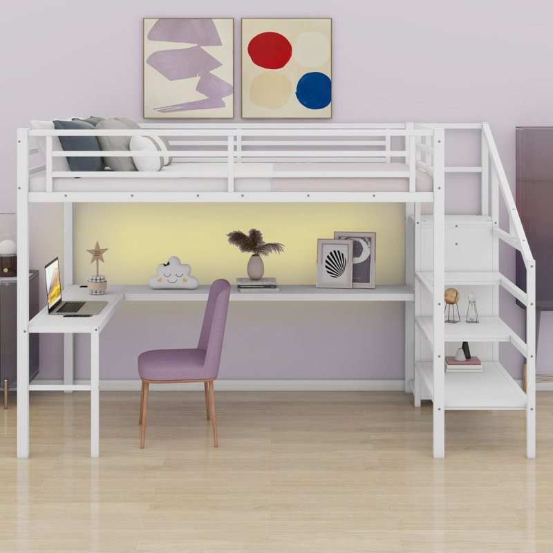 Loft Bed With L-Shaped Desk And USB,Wardrobe Shelf And LED, White