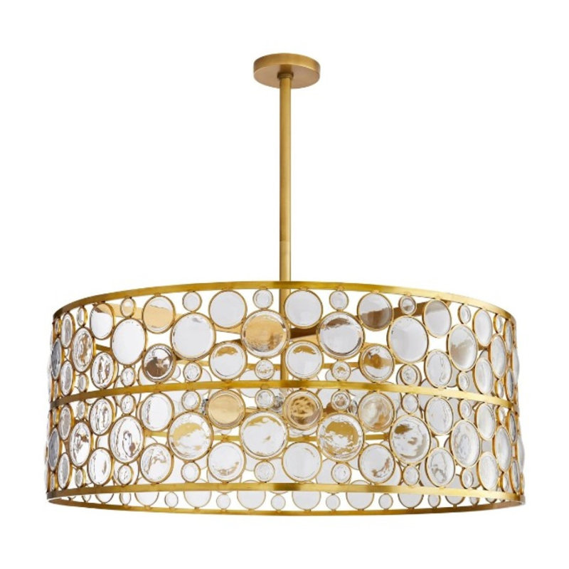Lustre cylindrique clair avec abat-jour en verre, Or brossé, Limpide, 51" Diameter x 12" Height