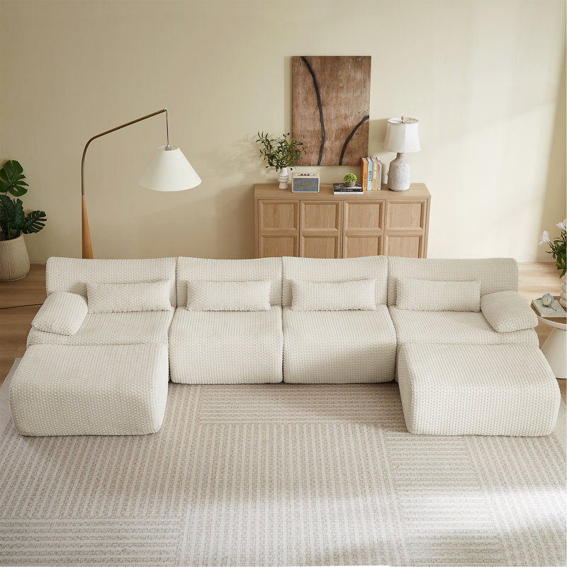 Canapés modulaires pour salon, canapé convertible en U avec repose-pieds, Velours côtelé crème