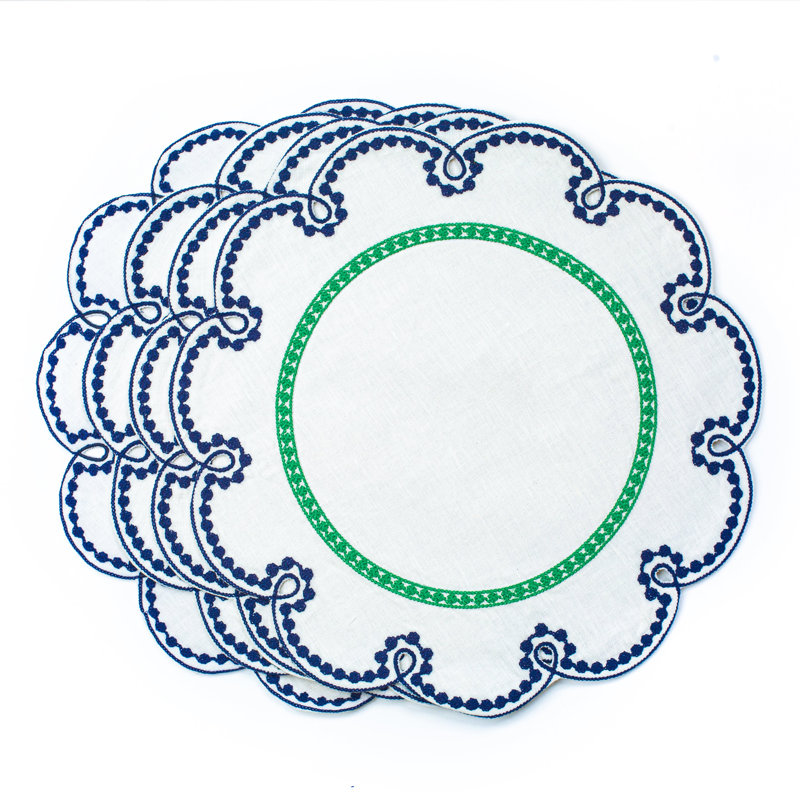 Fete Embroidered Linen Placemats, Blue/Green