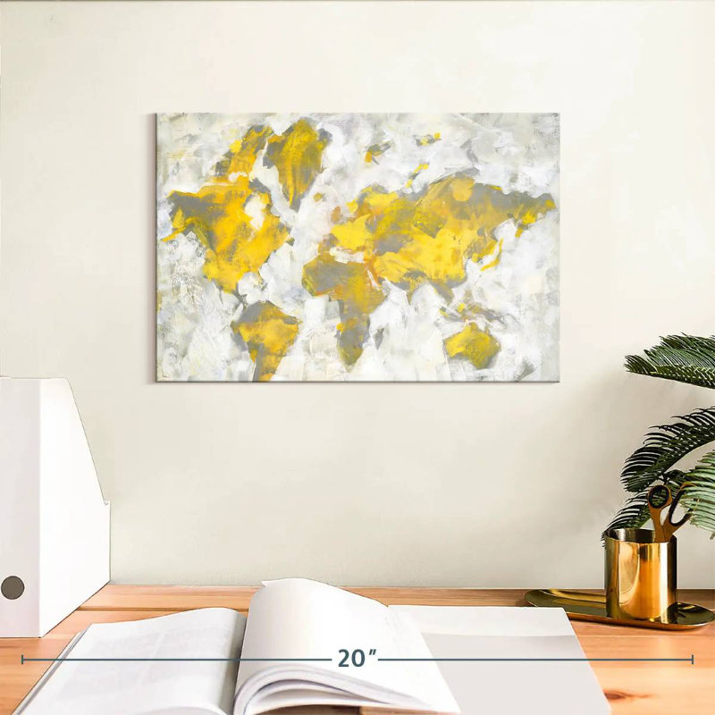 World Map Yellow Gray, 8" H x 12" W