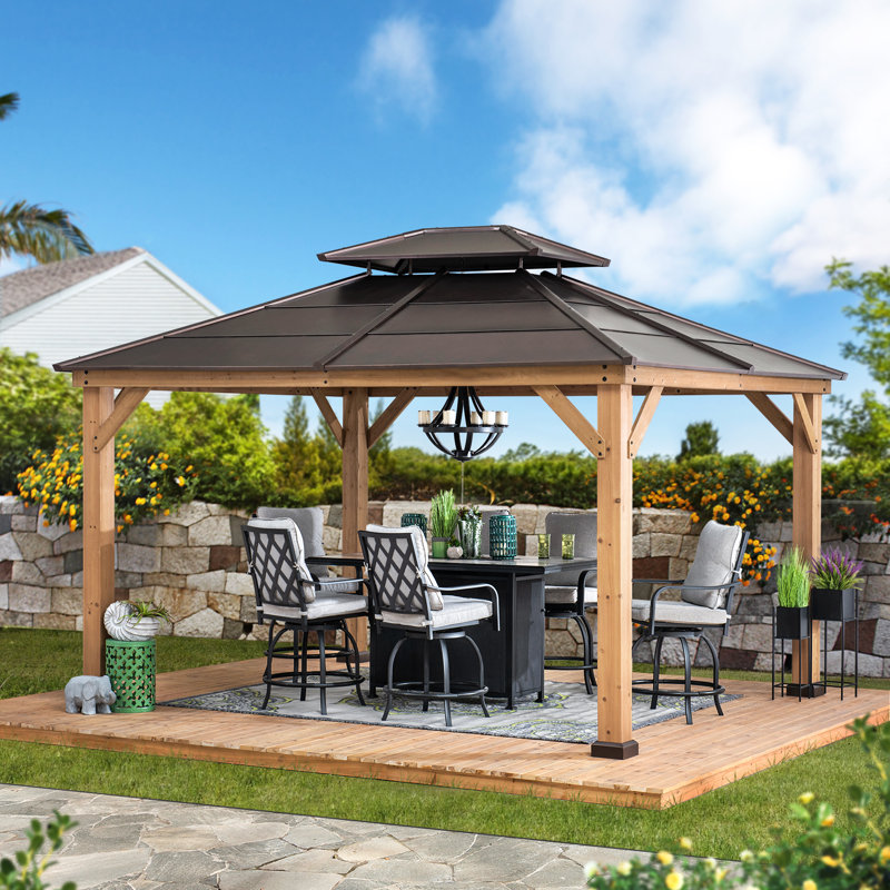 Abri de jardin permanent en bois de cèdre 11 pi x 13 pi avec toit double en acier brun pour terrasse Sunjoy