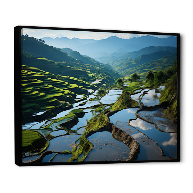 Rizières en porcelaine de Chine azur I - impression, H 24 po x l 32 po x P 1 po, Cadre flottant noir