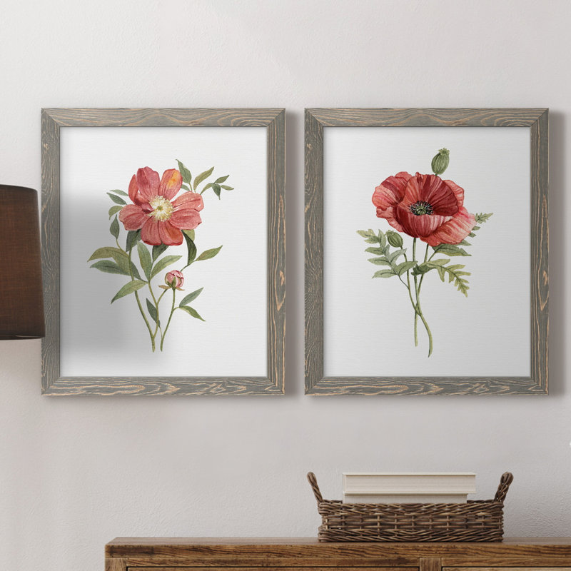 Pivoine écarlate - ensemble de 2 reproductions d'art, Pas de tapis, Toile avec cadre gris, H 24 po x l 36 po x P 1,5 po