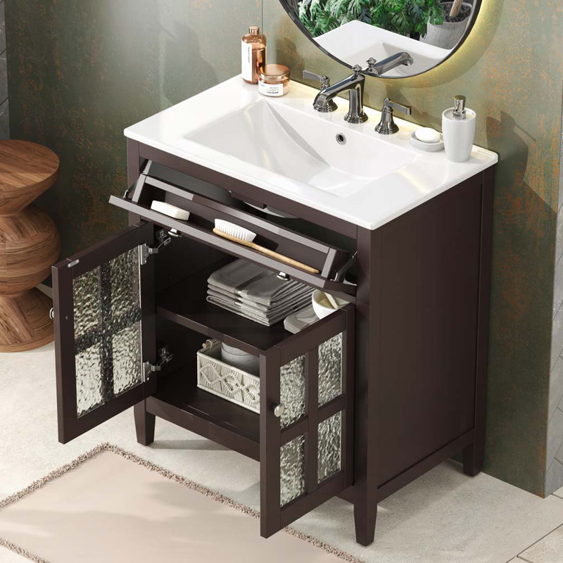 Bathroom Vanity with Ceramic Sink,Equipped with Adjustable Shelf and Tip-Out Tray, Marron foncé