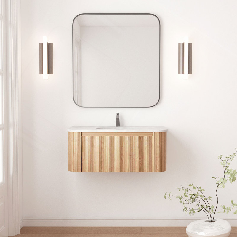Meuble-lavabo mural 36 po avec comptoir en marbre artificiel, lavabo en céramique, conception courbée avec rayures, pré-assemblé