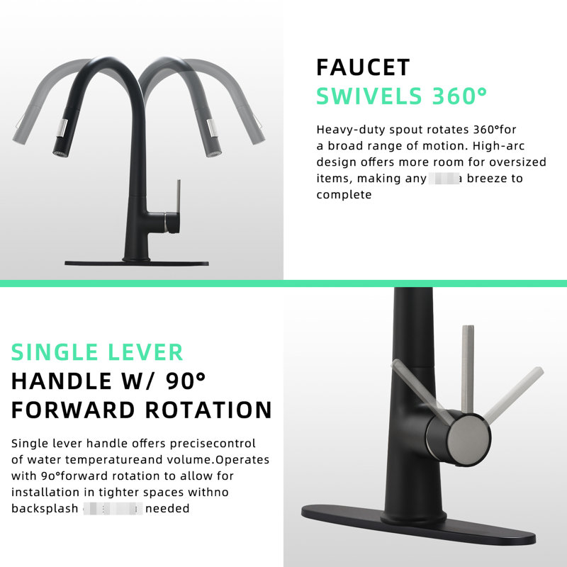 Pull Out Faucet For Kitchen In Black, Single Handle, Deck Plate, Modern Style, Ceramic Filler, Brass Made Tap