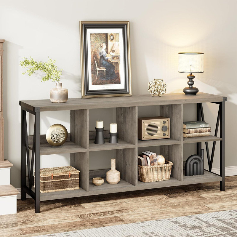 62" 8-Cube Console Table Storage Organizer, 3-Tier Metal Horizontal Bookcase for Living Room Office, Gray Wood