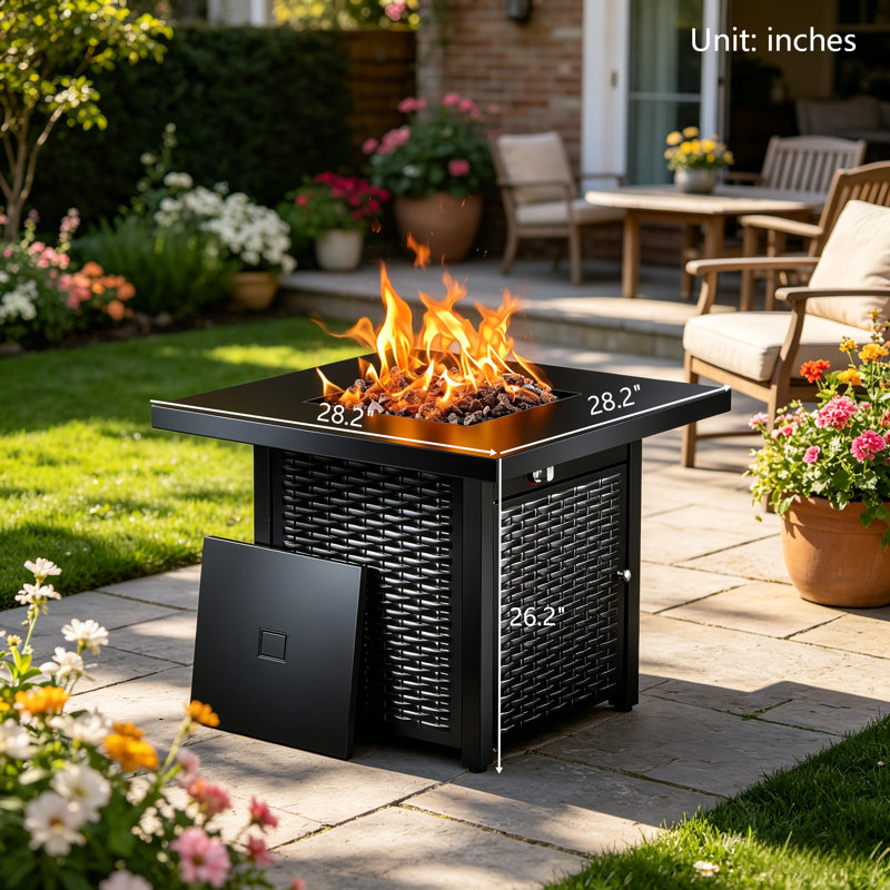 28 Inch CSA Certified Propane Fire Pit Table, 50000 BTU Outdoor Steel Gas Fire Pit With Lid And Lava Rock, Black Warm Fire Pit For Patio, Deck And Garden Party