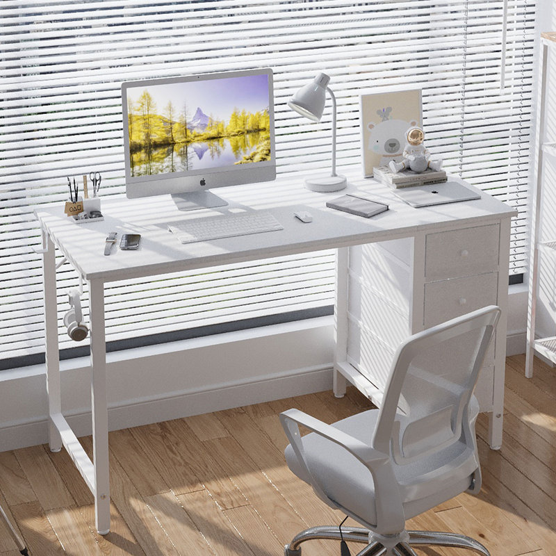 Bureau d'ordinateur à 4 tiroirs, bureau d'écriture en tissu, H 29,5 po x l 47,2 po x P 19,7 po, Blanc