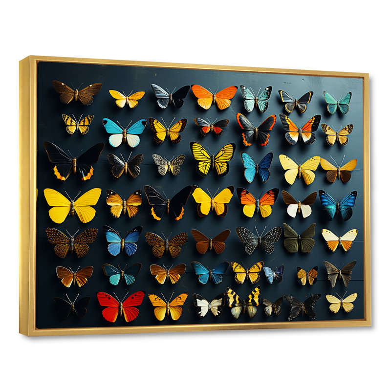 Collage de papillons colorés flottants - impression sur toile de papillons pour salon, Cadre flottant doré