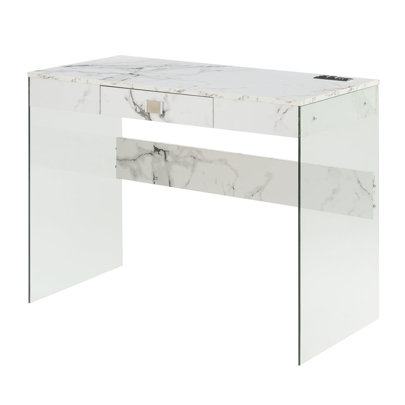 Allegonda Computer Desk with Built in Outlets, White Faux Marble, 20"W x 42"D