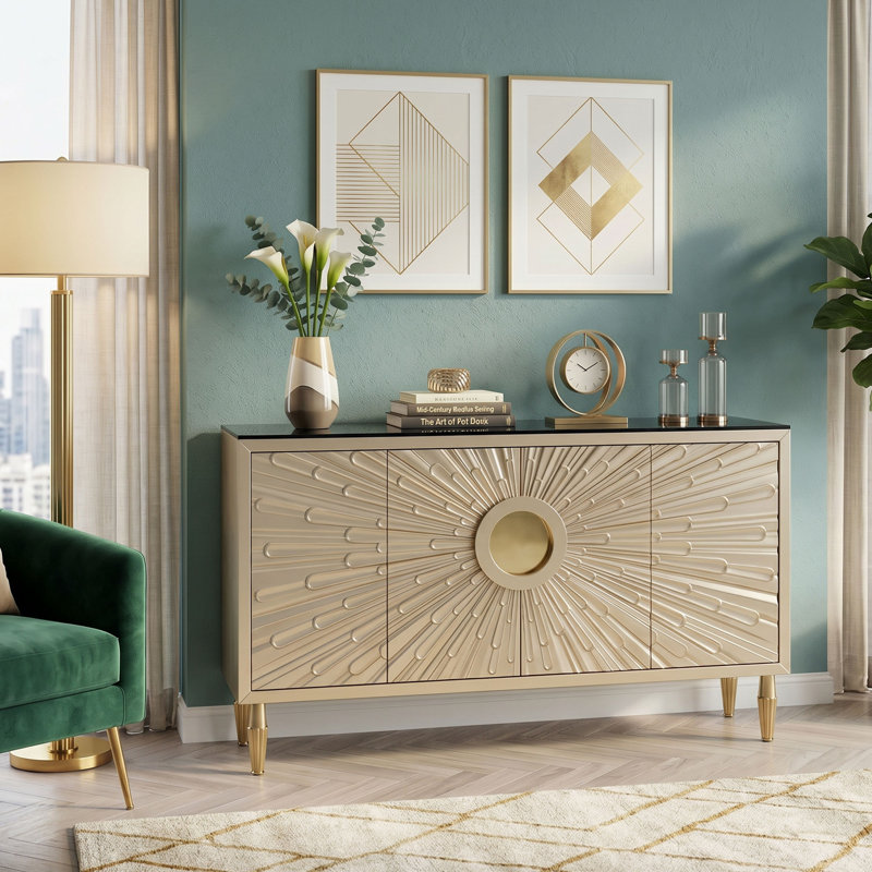 63'' Luxury Sideboard Buffet Cabinet with Faux Marble Tabletop, Modern Large Kitchen Buffet cabinet with Solid Wood Legs and  Sunburst 4 Doors, Dining Room Cabinet