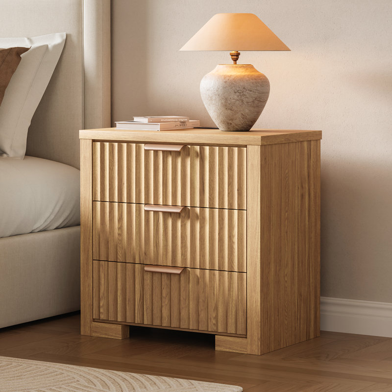 23.6'' Modern 3-Drawer Nightstand with Charging Station, Wood Bedside Table for Living Room Closet, Tan, 1