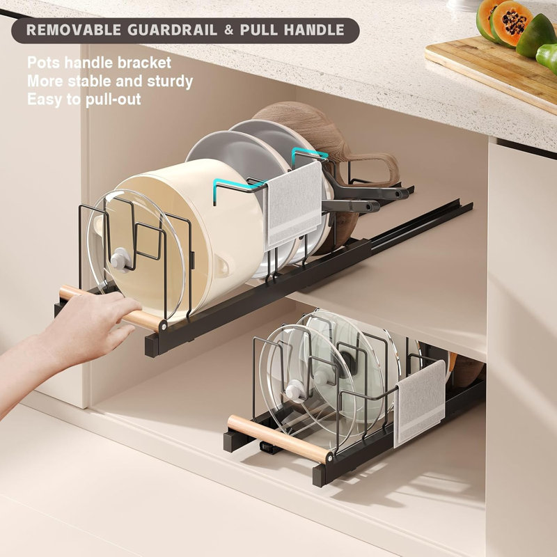 Pull Out Pots And Pans Organizer Under Cabinet 22" Deep Expandable Pot Lid Organizer And Storage With 10 Adjustable Dividers Adhesive Pot And Pan Holder Rack With Handle Bracket(1 Pack,Black)