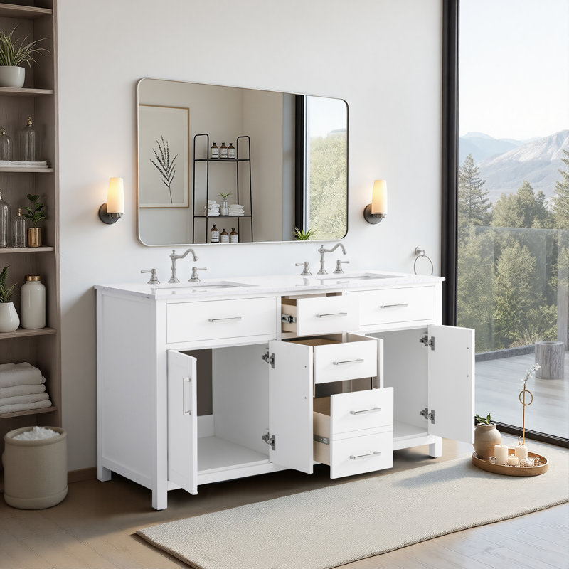 Tremolo 60" Double Bathroom Vanity With Engineered Marble Top, White / Polished Nickel